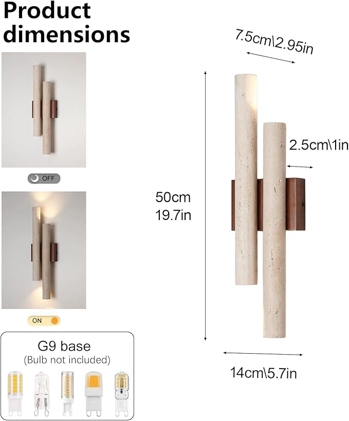 Yellow Travertine Wall Sconces, 19.7" H Wabi Sabi Wall Light Fixture with Cylindrical Natural Stone Lampshade, Up and Down Lighting Marble Wall Lamp for Bedroom Living Room Dining Room
