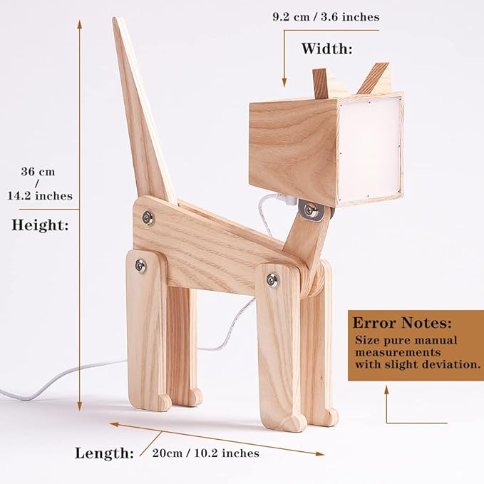 Unique Bedside Table Lamp Cat Adjustable Body Wooden Desk Lamp with Dimmable Touch Switch Warm White Light for Kids Room, Living Room, Boy's Girl's Bedroom, College Dorm, Bookcase