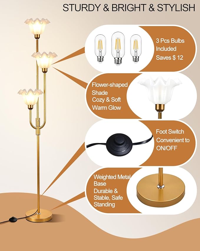 Lightdot 66IN Flower Floor Lamp 3-Lights Vintage Floor Lamps with 3000K Warm White Bulbs for Wedding Party Modern Tall Standing Lamp for Living Room/Bedroom