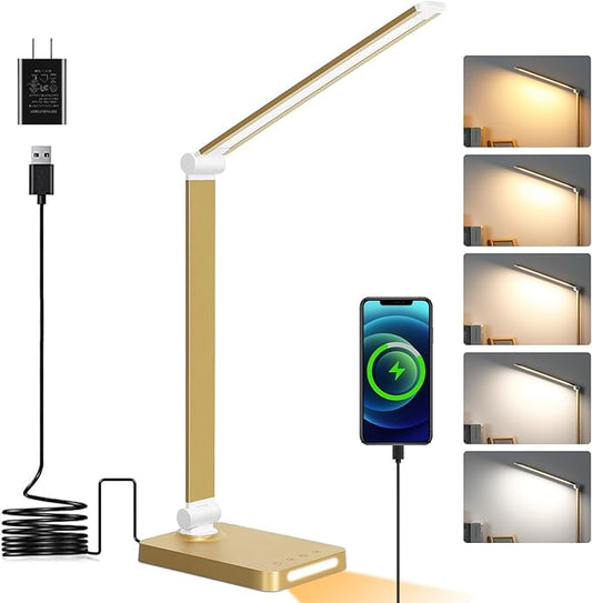 LED Desk Lamp with USB Ports,Touch Desk Lamps for Home Office with 5 Color Modes,3 Brightness Desk Light with Small Night Light,Reading Lamp Table Lamp for Bedroom Bedside Study Gold （with Adapter） - Aura Lighting
