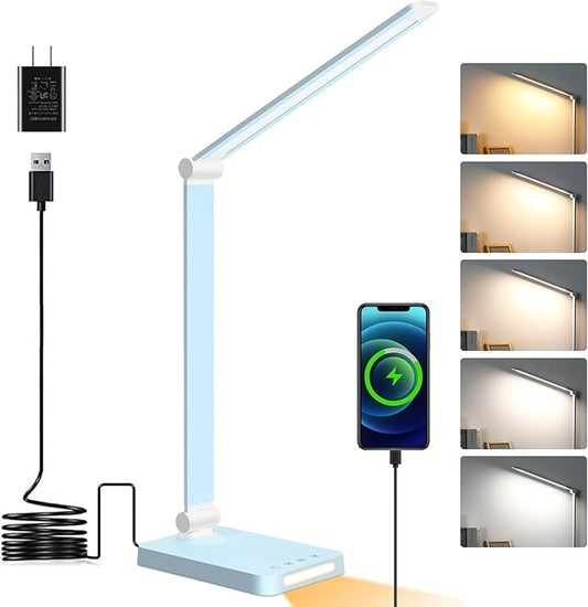 LED Desk Lamp with USB Ports,Touch Desk Lamps for Home Office with 5 Color Modes,3 Brightness Desk Light with Small Night Light,Reading Lamp Table Lamp for Bedroom Bedside Study Blue （with adapter） - Aura Lighting