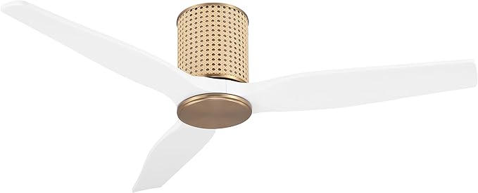 48" Ceiling Fan No Light - Low Profile Flush Mount Ceiling Fan, 6-Speed Remote Control, Solid Wood, Quiet Reversible DC Motor, White/Gold Finish, for Bedroom, Living Room, Porch - Aura Lighting