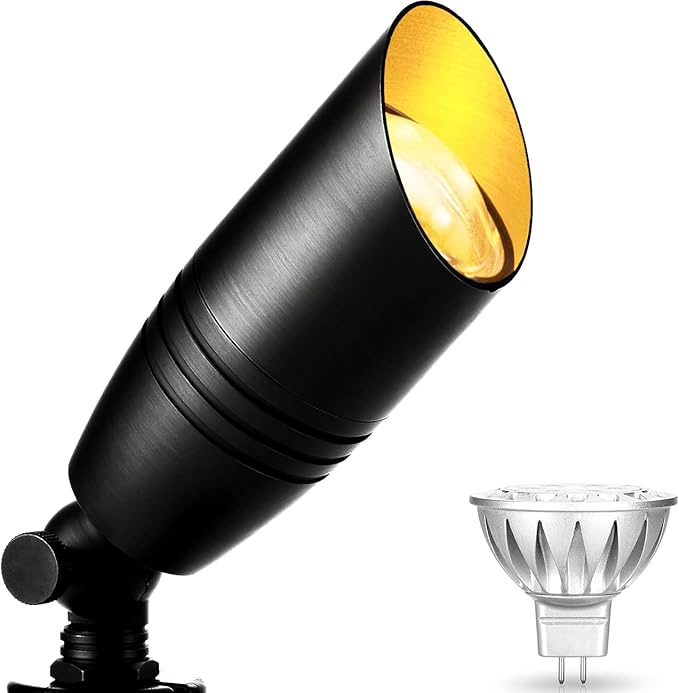wowlite Landscape Spotlights Outdoor, 12V Low Voltage Landscape Lighting Fixture with 5W MR16 LED Bulb, Black Aluminum Yard Directional Uplights Waterproof for House Trees Patio - Aura Lighting
