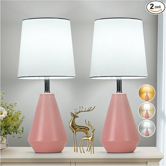 Small Bedside Table Lamp for Bedroom-Reading Desk Lamp Set of 2,with 3 Color Temperatures,15.5" Nightstand Ceramic Lamp with Fabric Shade for Kids Room,Living Room,Dorm,Home Office(Pink+White)