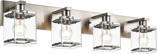 4-Lights Bathroom Vanity Light Fixtures in Brushed Nickel, E26 Socket Wall Sconce Lighting Fixtures with Clear Glass Shades for Over Mirror Bedroom Living Room Cabinet - Aura Lighting