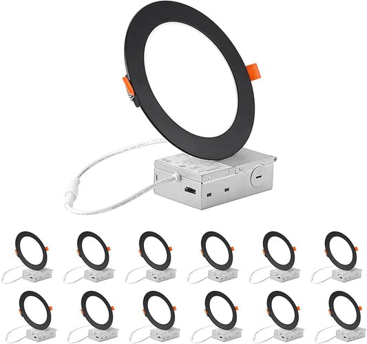 ZYC Recessed Lighting 6 Inch - 12W Ultra-Thin LED Ceiling Lights,2700-5000K Selectable,5CCT Canless Wafer Downlight,1100LM Hight Brightness,Dimmable Can Light,Pack of 12 Black.