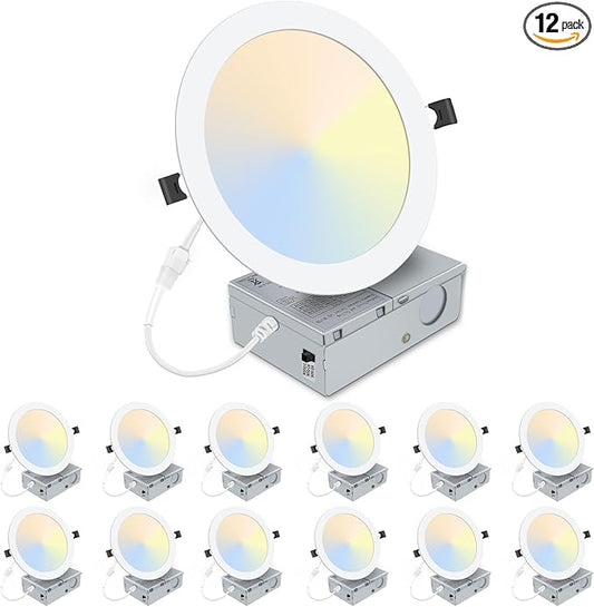12 Pack 8 Inch LED Recessed Lighting with Junction Box Ultra-Thin, 3000K/4500K/6000K Selectable, 8" Dimmable Canless LED Downlight, 1800LM CRI80 High Brightness 5%-100% Recessed Light