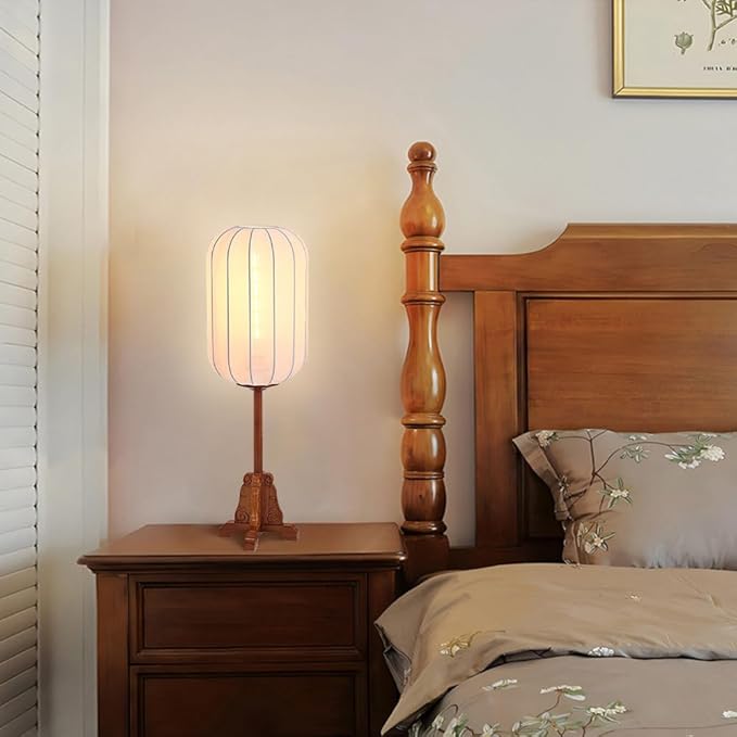 Wood Table Lamp Chinese Style Lantern Desk Light with Fabric Shade Japanese Lamp Lantern Wooden Standing Lights for Nightstand, Dresser, Living Room, Restaurant, Office