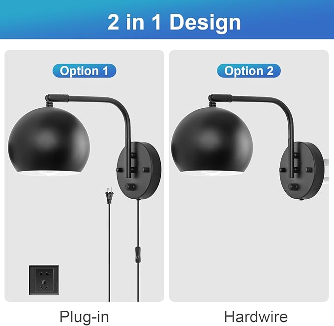 Plug in Wall Sconces, Dimmable Wall Sconce Swing Arm Wall Lights with Plug in Cord and Dimmer On/Off Knob Switch, Black Globe Wall Light for Bedside Bedroom Bathroom(1 Bulb Included)