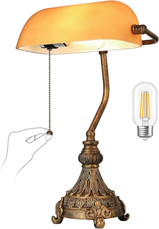 Newrays Vintage Amber Glass Bankers Desk Lamp for Home Office,Library with Pull Chain Switch Plug in Fixture, LED Bulb Included