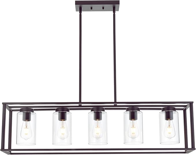 VINLUZ 5-Light Kitchen Island Chandeliers Oil Rubbed Bronze Modern Linear Cage Pendant Lighting with Clear Glass Shades Farmhouse Ceiling Light Fixtures Hanging for Dining Room Living Room - Aura Lighting