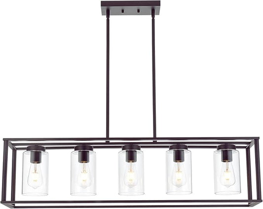 VINLUZ 5-Light Kitchen Island Chandeliers Oil Rubbed Bronze Modern Linear Cage Pendant Lighting with Clear Glass Shades Farmhouse Ceiling Light Fixtures Hanging for Dining Room Living Room - Aura Lighting