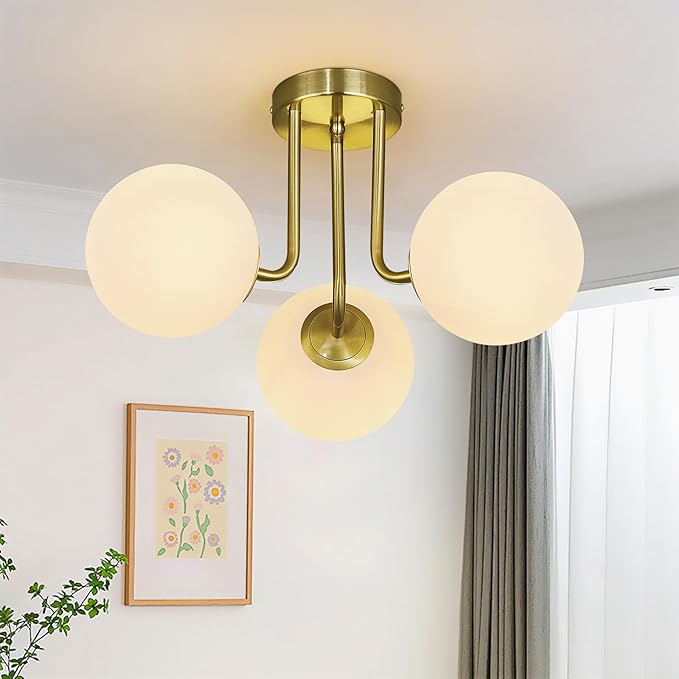 3-Light Modern Gold Ceiling Light with Globe White Glass Shade Mid Century Semi Flush Mount Ceiling Light Sputnik Chandeliers for Bedroom Living Room Dinning Room Foyer Hallway - Aura Lighting