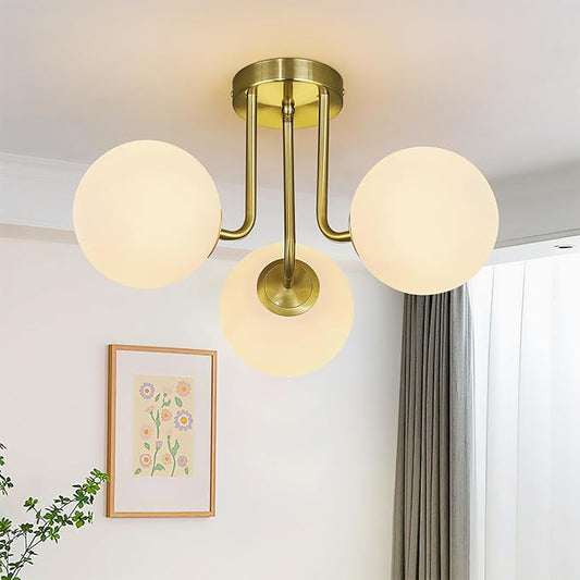 3-Light Modern Gold Ceiling Light with Globe White Glass Shade Mid Century Semi Flush Mount Ceiling Light Sputnik Chandeliers for Bedroom Living Room Dinning Room Foyer Hallway - Aura Lighting