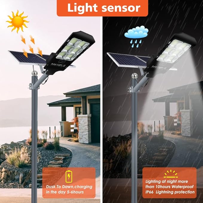 Solar Street Light,Solar Lamp Outdoor Security Led Flood Lights Pole Light Dusk to Dawn Remote Control with Motion Sensor 43000 Lumens for Parking Lot,Stadium,Pathway,Yard,Roadway