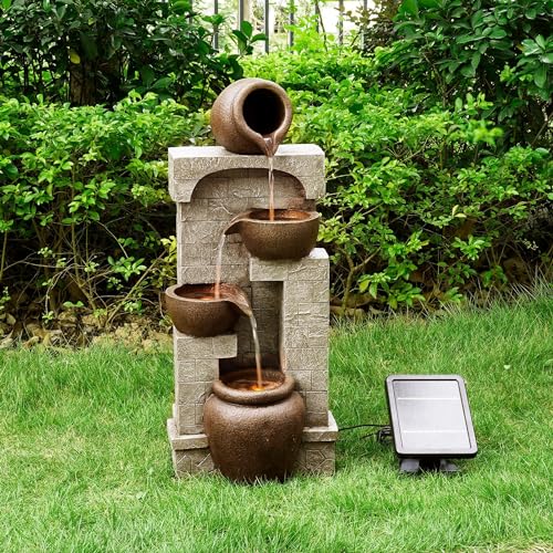 28 in. Cascading Bowls and Stacked Stones LED Outdoor Water Fountain for Outdoor Living Spaces to Create a Calming Oasis in Gardens and Landscaping
