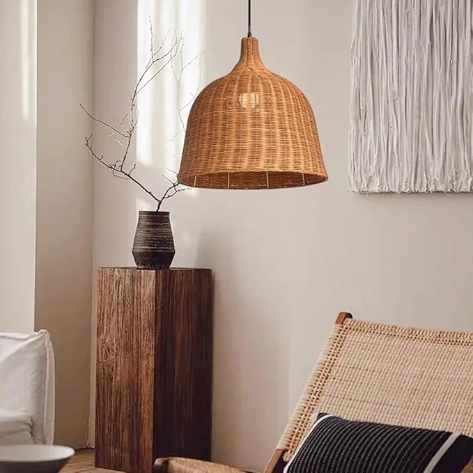 Rattan Pendant Light, Japanese Wabi-Sabi Bell Wicker Chandelier, Zen Handwoven Hanging Lamp, Farmhouse Kitchen Island Lighting Fixture,for Chinese Restaurant Tea Room Hotel Coffee Shop, E27