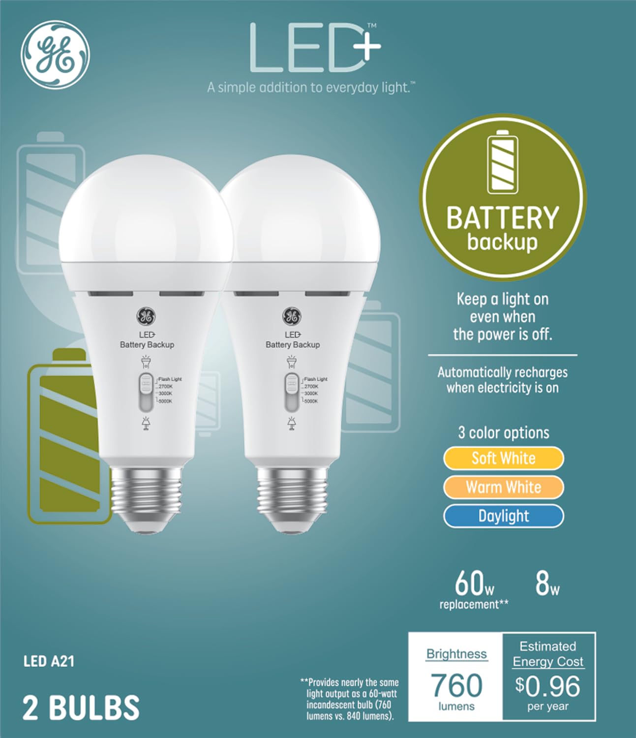 LED+ Battery Backup Emergency Light Bulbs A21 (2 Count)