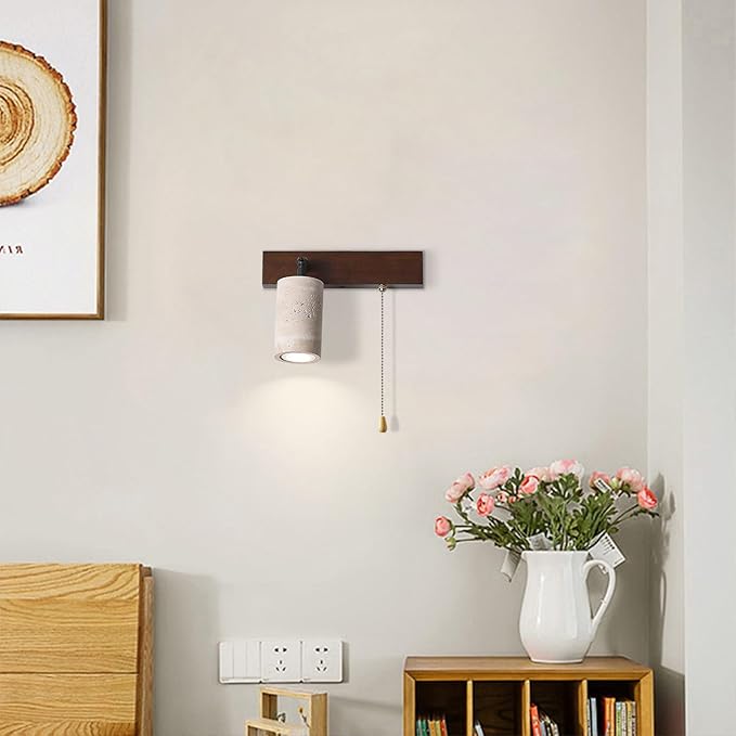 Modern Yellow Travertine Wall Lamp, Japanese Style Wabi Sabi Light Fixture with Stone Shade Pull Switch Wood Base, Adjustable Natural Marble Wall Sconce for Bedside Bedroom Study(Walnut)