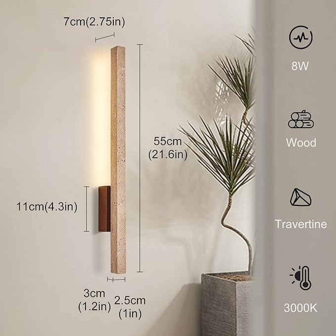 Japanese Style Stone Wall Sconce, Natural Yellow Travertine Wall Lamp, 8W LED Warm Light 3000K Wall Light, Wabi-Sabi Art Light Fixture for Living Room Bedroom Bedside Hallway(Walnut)