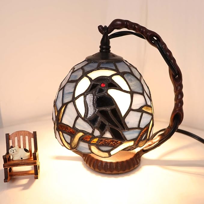 Bieye L12011 Tiffany Style Stained Glass Raven Table Lamp Mini Night Light with Full Moon and Tree Branch Design Bedside Accent Lamp (Dark Blue, 7Wx8H)
