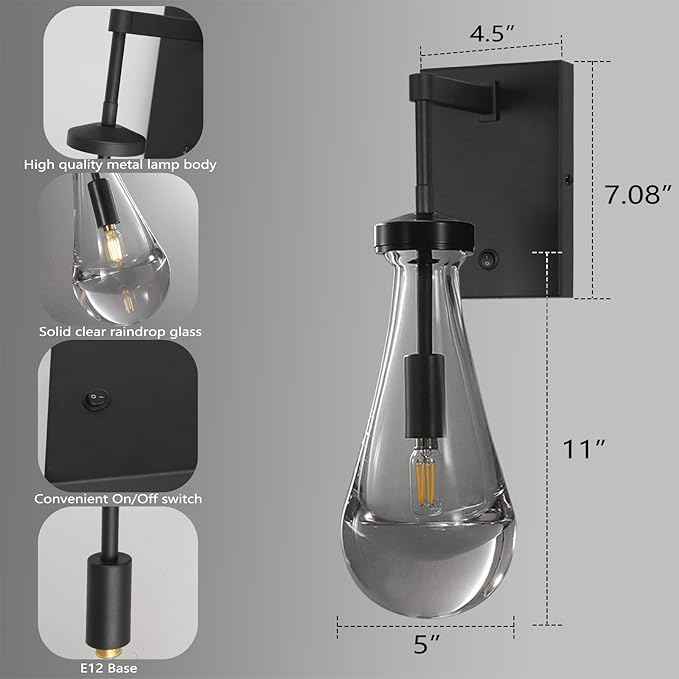HuisMier Raindrop Wall Sconces, Black Wall Sconces with On/Off Switch, Modern Clear Glass Wall Lamp Vanity Light Fixtures for Bathroom Bedroom Living Room Hallway, Hardwired
