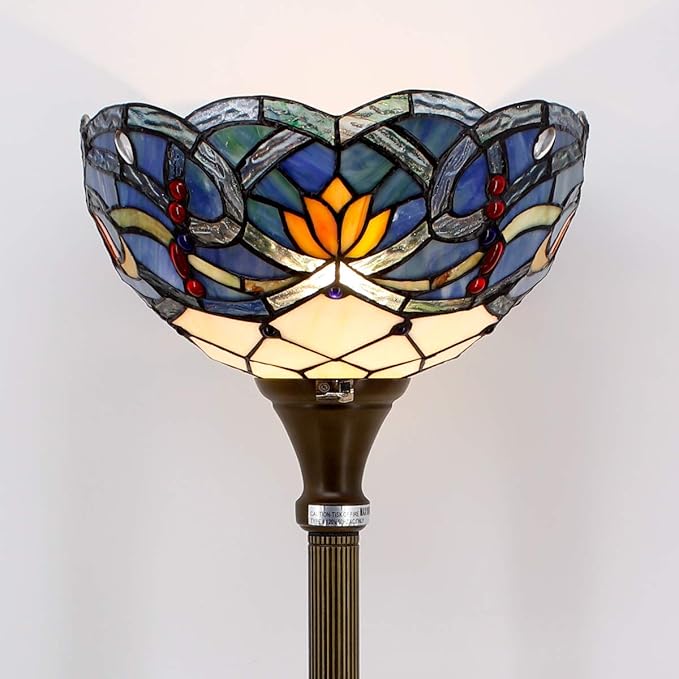 WERFACTORY Tiffany Floor Lamp Blue Lotus Flower Stained Glass Light 12X12X71 Inches Pole Torchiere Standing Corner Torch Uplight Decor Bedroom Living Room Home Office S220 Series