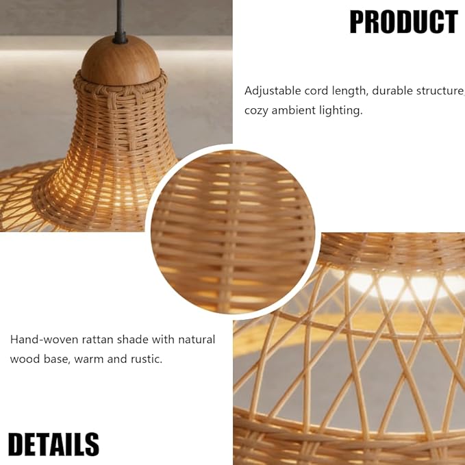 Rattan Wicker Pendant Light,Japanese Wabi-Sabi Vintage Bamboo Chandelier,Zen Natural Handwoven Hanging Lamp with Solid Wood Ceiling Plate,Living Room Fixture for Dining Room Bedside