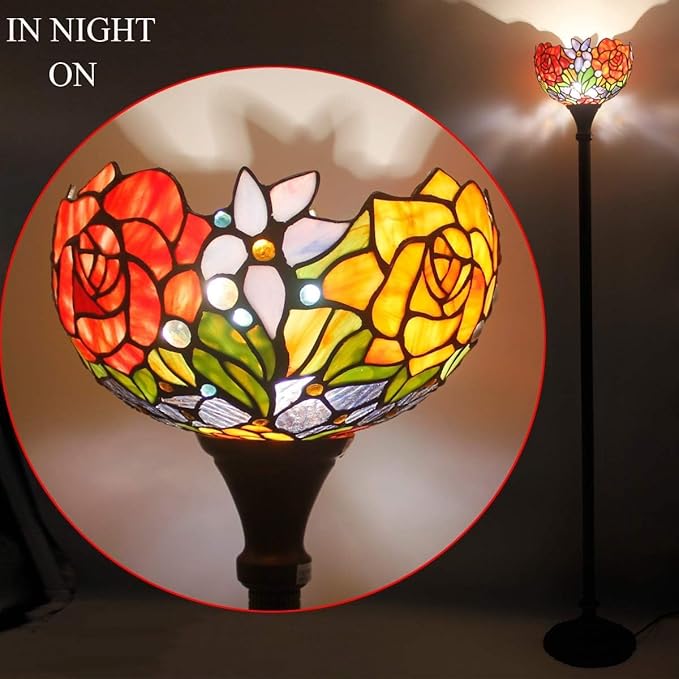 WERFACTORY Tiffany Floor Lamp Red Rose Flower Stained Glass Light 10X10X71 Inches Pole Torchiere Standing Corner Torch Uplight Decor Bedroom Living Room Home Office S001 Series