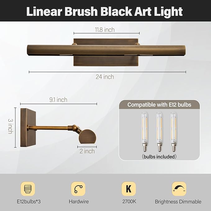 Art Picture Frame Wall Light: 24" Antiquing Copper Dimmable Artwork Painting Spotlight - Hardwired Swing Arm Rotatable 3 Lights over Picture - Linear Accent Lighting above Photo for Gallery Bookcase