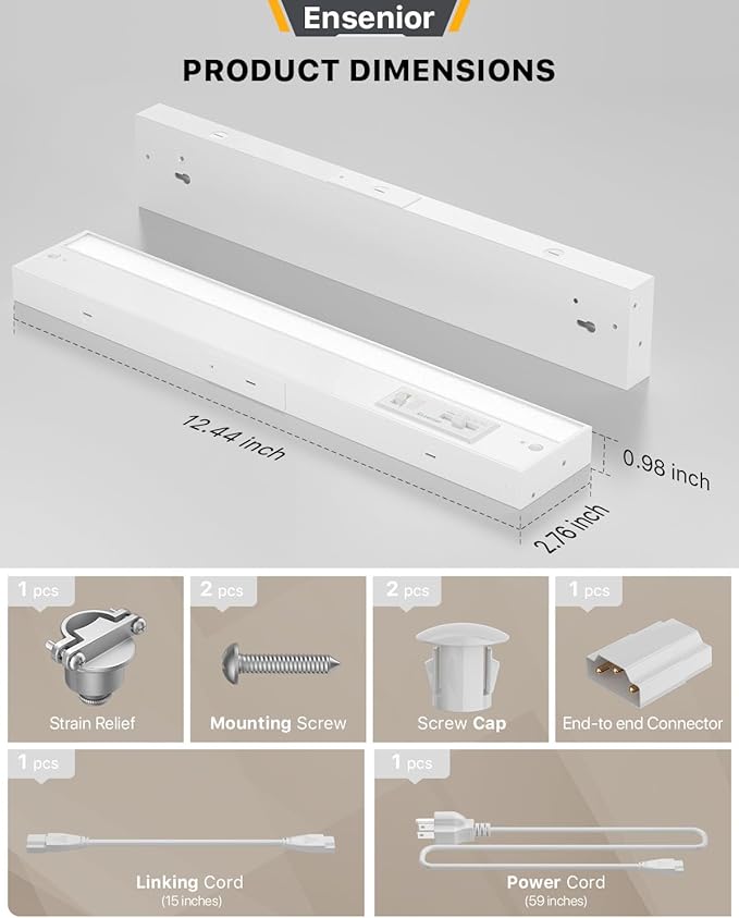 Ensenior 12 Inch LED Under Cabinet Lighting Hardwired or Plug-in Installation, 5CCT Color Selectable - 2700K/3000K/3500K/4000K/5000K, Dimmable Under Counter Lights for Kitchen, FCC, 120V, 8W 500LM