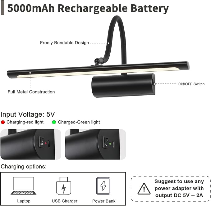 JOOSENLUX 16" Dimmable Picture Light, LED, Battery Operated, Wireless, Adjustable Arm, Remote Controlled, Rechargeable, Wall-Mounted, Modern & Stylish - Ideal for Gallery, Library, and Photo Display