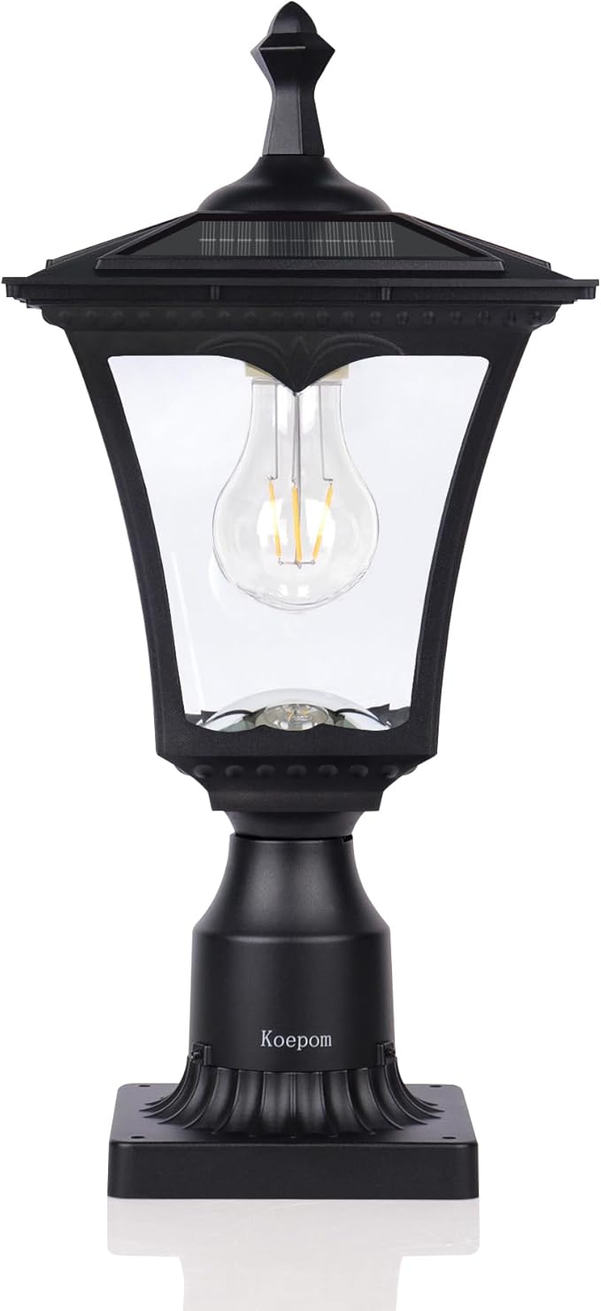 KP4301Q Outdoor Solar Post Lights with Glass lampshade, Heavy Duty Die-Casting Aluminum LED Solar Pillar Light for Gate Column, Driveway, Pathway,Garden, Patio, Matte Black