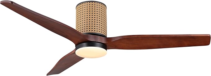 52" Ceiling Fan with Light - Low Profile Flush Mount Ceiling Fan, 6-Speed Remote Control, Solid Wood, Quiet Reversible DC Motor,Walnut/Black Finish, for Bedroom, Living Room, Porch - Aura Lighting