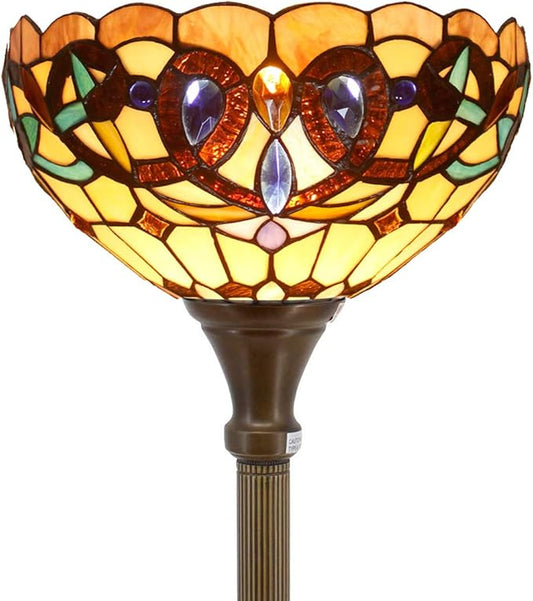 WERFACTORY Tiffany Floor Lamp Serenity Victorian Stained Glass Light 12X12X71 Inches Pole Torchiere Standing Corner Torch Uplight Decor Bedroom Living Room Home Office S021 Series