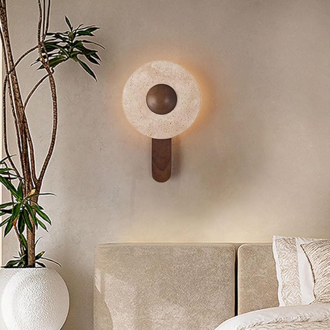 Modern Backlit Wall Sconce Travertine Stone Disc Dark Wood Arm Minimalist Hardwired LED Wall Light Fixture for Bedroom Living Room Hallway Accent Decor(Small)