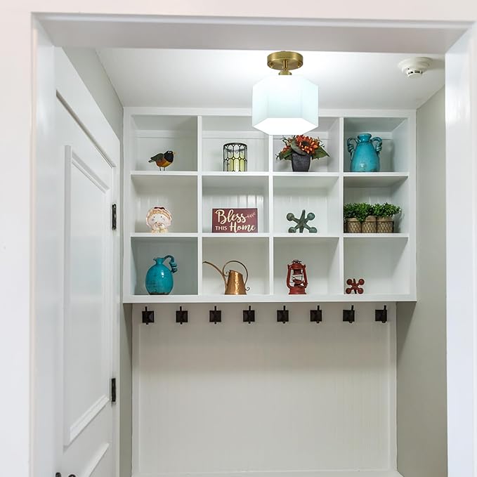 1 Pack Milk Glass Pendant Lights Kitchen Island, Modern Gold Hanging Light Fixture, Mid-Century Hexagonal Ceiling Lamp, Mini Farmhouse Chandelier for Dining Room Sink Bathroom Bedroom Hallway