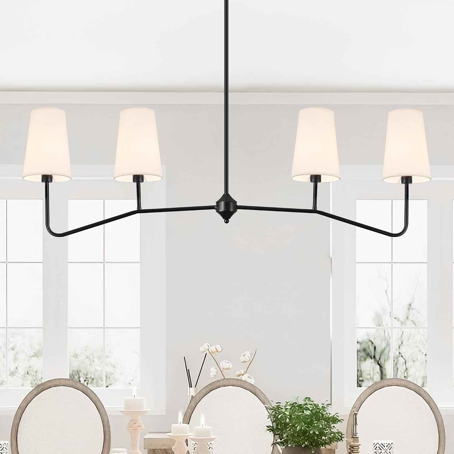 47" Modern Linear Chandelier, 4-Light Black Pendant Light with Fabric Shades, Adjustable Height Ceiling Light Fixture for Kitchen Island, Dining Room, Living Room, Bedroom, ETL Listed