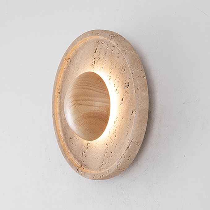 Japanese Style Wabi-Sabi Art Lighting Fixture, Yellow Travertine Wall Light with Wood Shade, Round Natural Stone LED Wall Lamp, Vintage Marble Wall Sconce for Bedroom Living Room(Wood)