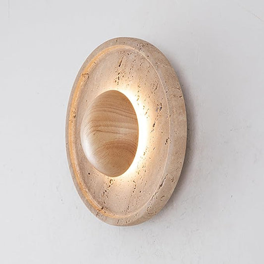 Japanese Style Wabi-Sabi Art Lighting Fixture, Yellow Travertine Wall Light with Wood Shade, Round Natural Stone LED Wall Lamp, Vintage Marble Wall Sconce for Bedroom Living Room(Wood)