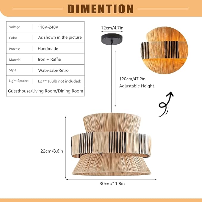 Raffia Pendant Light, Handwoven Wabi Sabi Hanging Lamp, Natural Fiber Dining Room Chandelier,Built-in Metal Frame,Retro Style Straw Woven Light Fixture with E27 Base for Living Room