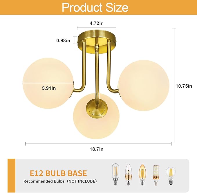3-Light Modern Gold Ceiling Light with Globe White Glass Shade Mid Century Semi Flush Mount Ceiling Light Sputnik Chandeliers for Bedroom Living Room Dinning Room Foyer Hallway - Aura Lighting