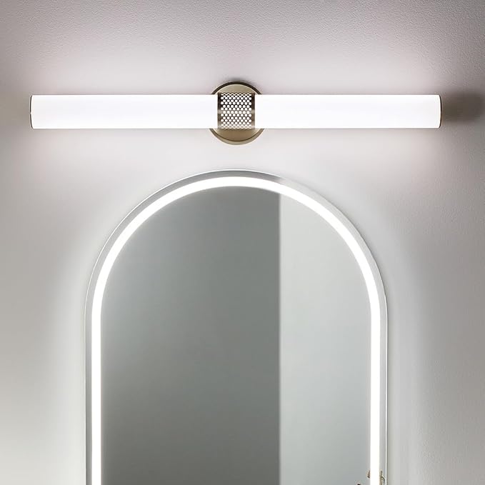 Kichler Sashi 32" LED Large Bath Bar with White Glass in Champagne Bronze, Modern, for Vanity, Fireplace, Buffet, Hallway, Vanity Mirror, (32" W x 5" H) 55193CPZLED