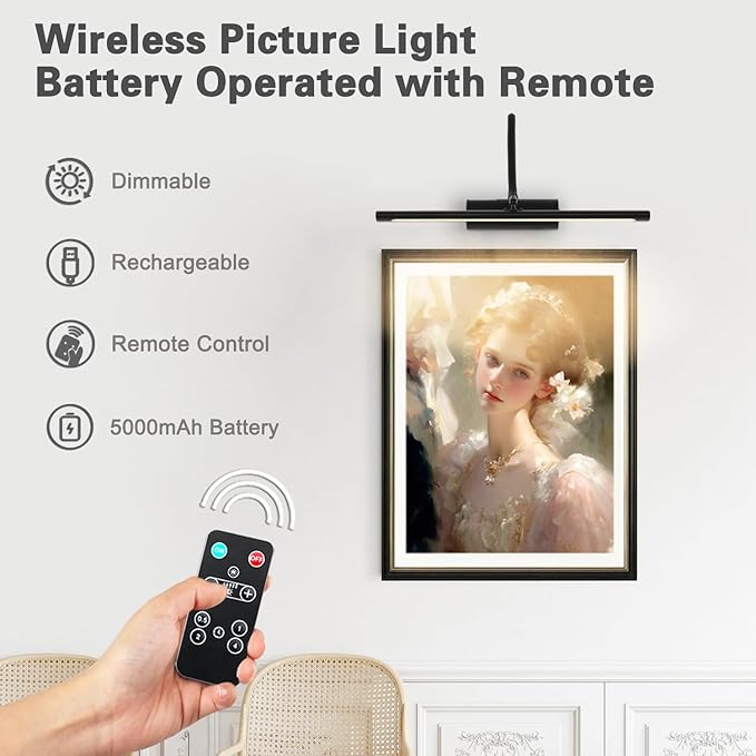 JOOSENLUX 16" Dimmable Picture Light, LED, Battery Operated, Wireless, Adjustable Arm, Remote Controlled, Rechargeable, Wall-Mounted, Modern & Stylish - Ideal for Gallery, Library, and Photo Display