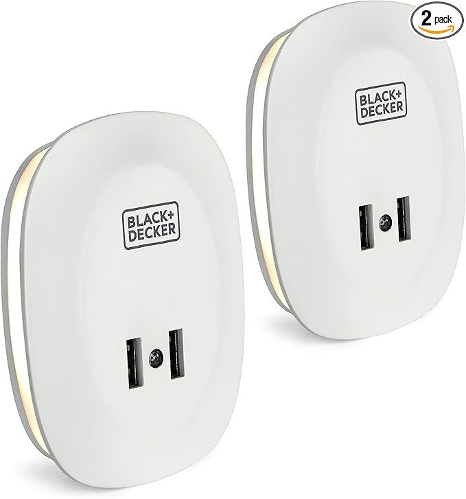 BLACK+DECKER Night Light Plug in with 2 USB Charging Ports, Photocell Sensor, 10 Lumen, 2 Pack