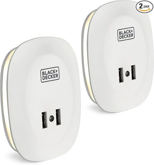 BLACK+DECKER Night Light Plug in with 2 USB Charging Ports, Photocell Sensor, 10 Lumen, 2 Pack