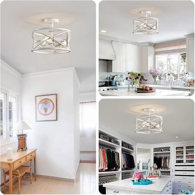 WUZUPS Chandelier 3-Light Vintage Farmhouse Industrial Semi-Flush Mount Ceiling Light Lighting Fixture for Foyer Bedroom Hallway Storage Room Kitchen Bathroom, H 9.4" x W 12", E26 Base, Antique White