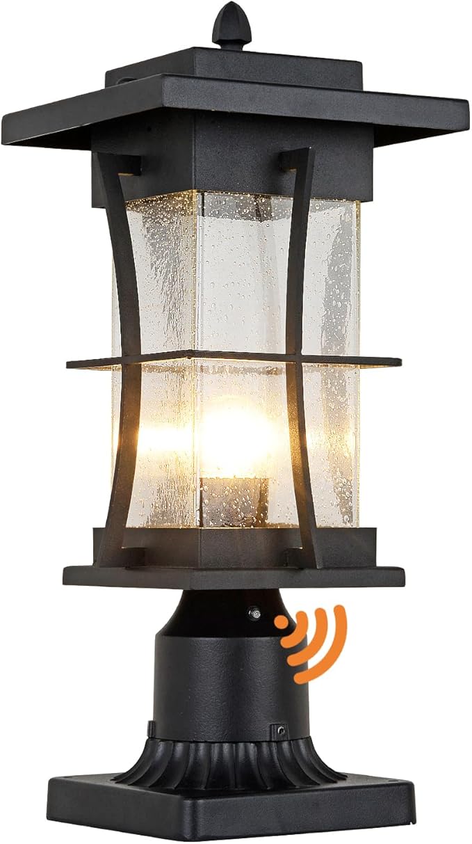 Dusk to Dawn Outdoor Post Light Fixture Waterproof Pole Mount Light with Pier Mount Adapter, Black Finish with Seeded Glass Outdoor Post Lantern for Patio, Garden, Porch and Backyard - Aura Lighting