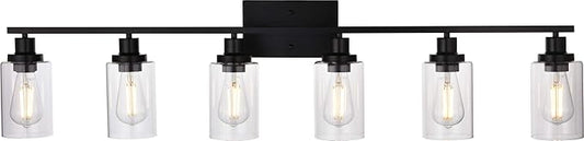 MELUCEE Black Vanity Light Fixture 6-Light Industrial Metal Wall Sconce Bathroom Lighting for Bedroom Hallway Kitchen, Clear Glass Shade Included (Patent No.: US D963914 S) - Aura Lighting