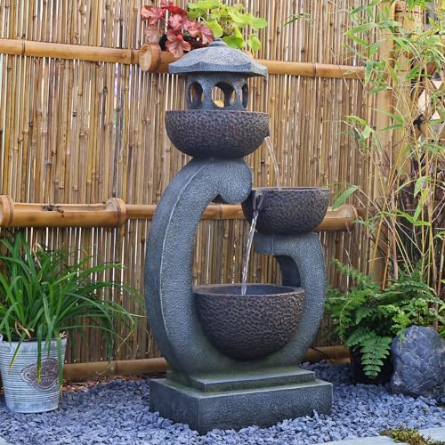 Outdoor Garden Water Fountain Modern Tranquil Zen Pagoda Waterfalls Fountains Bowl with LED Lights & Pump for Patio Yard Porch Pool Decor